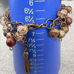 Vintage Bracelet Beaded Cluster Jasper and Clear Crackle Beads Tassel Charm