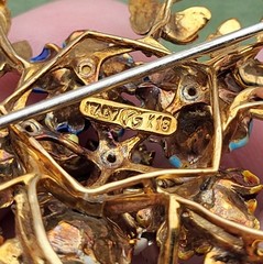 Vintage Italy 18K Gold Colorful Flower & Diamond Brooch KG Old Italian Jewelry