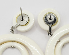 White Double Hoop Reticulating Center Flat Back Pierced Style Vintage Earrings