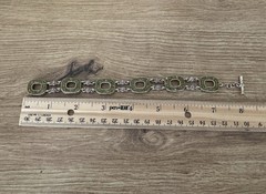 Vintage Sterling Silver Link Bracelet Green Stone Bezel Set Toggle Clasp 7.5 in