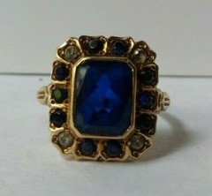 ANTIQUE 10K GOLD FAUX FACETED SAPPHIRE & PASTE STONES RING SIZE 6*