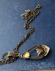 Vintage Lavalier Necklace Art Deco Pendant W/ Antique Amber Topaz Czech Glass