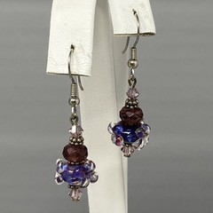 Glass Beaded Dangle Drop Earrings Blue Purple Lampwork Murano Style Pierced 1.5″