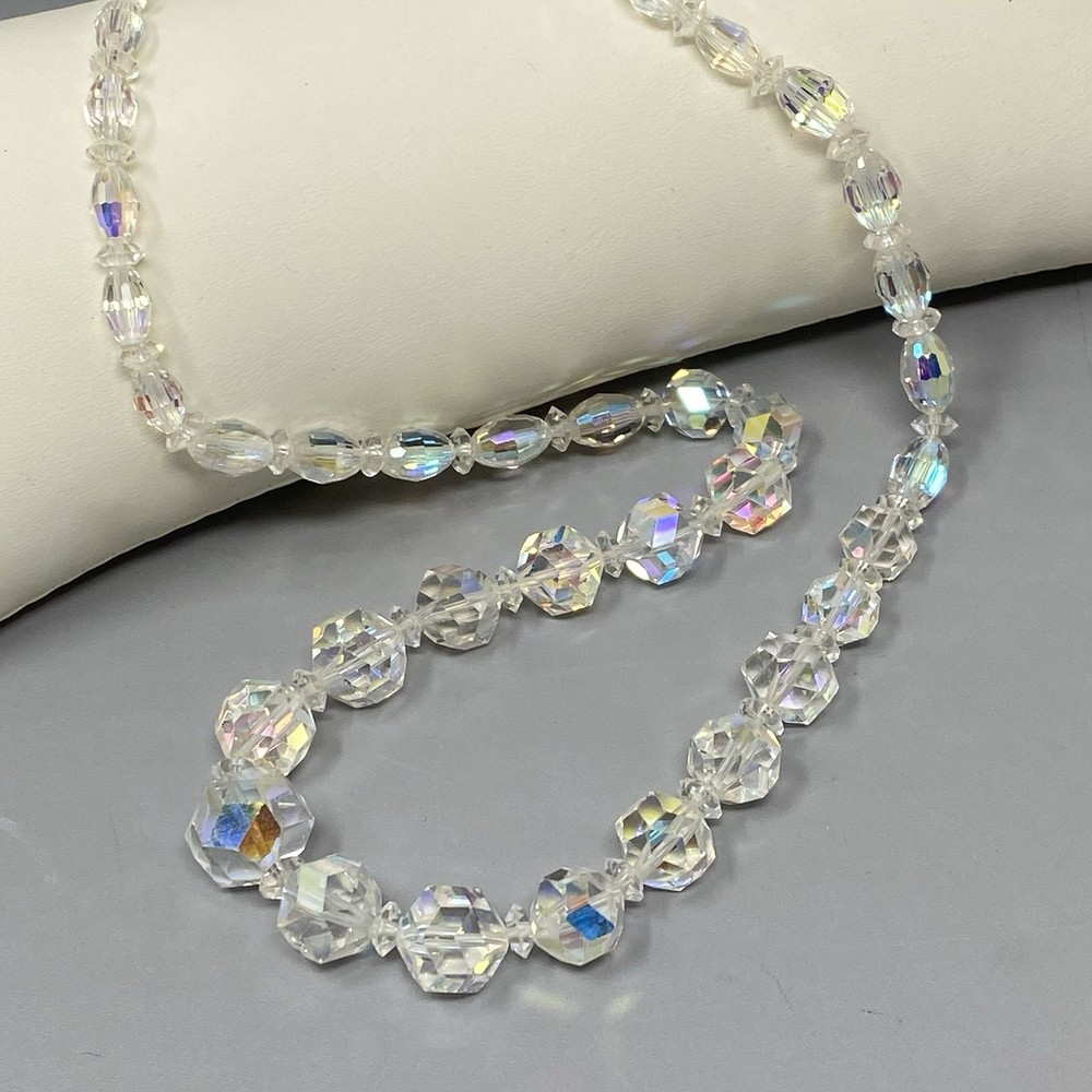Heavy Crystal Glass Beaded Necklace Aurora Borealis Coated Faceted Long 23″