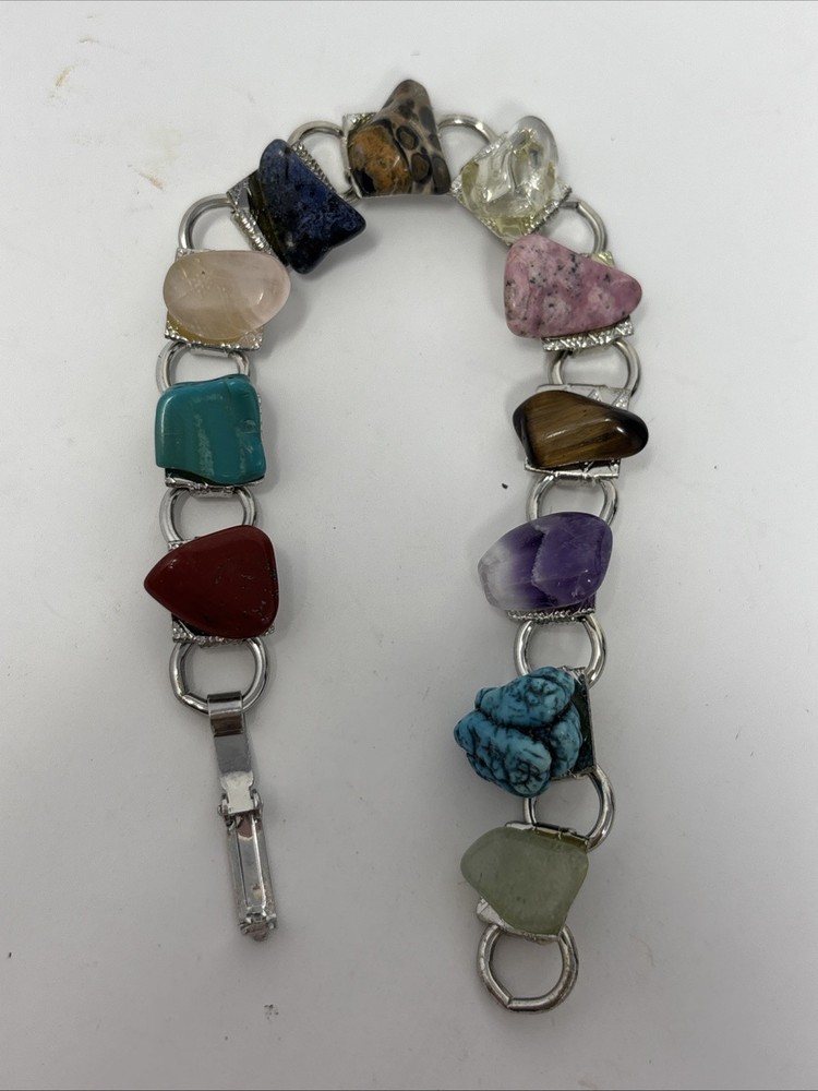 Vintage Link Semi Precious Gem Stone Polished Rocks Clasp Bracelet nuggets