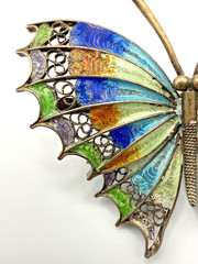 Antique 800 Silver Filigree Enamel Butterfly Brooch Multicolor Blue Green Pin