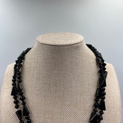 Vintage Double Strand Jet Black Beaded Statement Necklace Mixed Shapes Art Deco