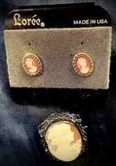 Vintage Lorée Cameo Jewelry Set Brooch Pendant & Matching Earrings Made in USA