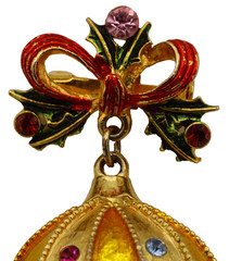 Vintage Christmas Holiday Ornament Brooch Pin Dangle Bow Holly Rhinestone