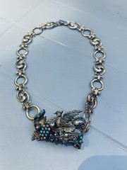 Antique Victorian Sterling Silver Vermeil Bird Turquoise Necklace