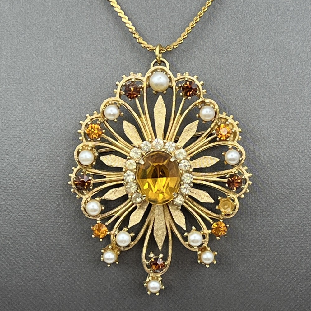 Vintage Francois by Coro Rhinestone Brooch & Pendant Necklace Gold Tone 16″