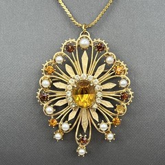 Vintage Francois by Coro Rhinestone Brooch & Pendant Necklace Gold Tone 16″