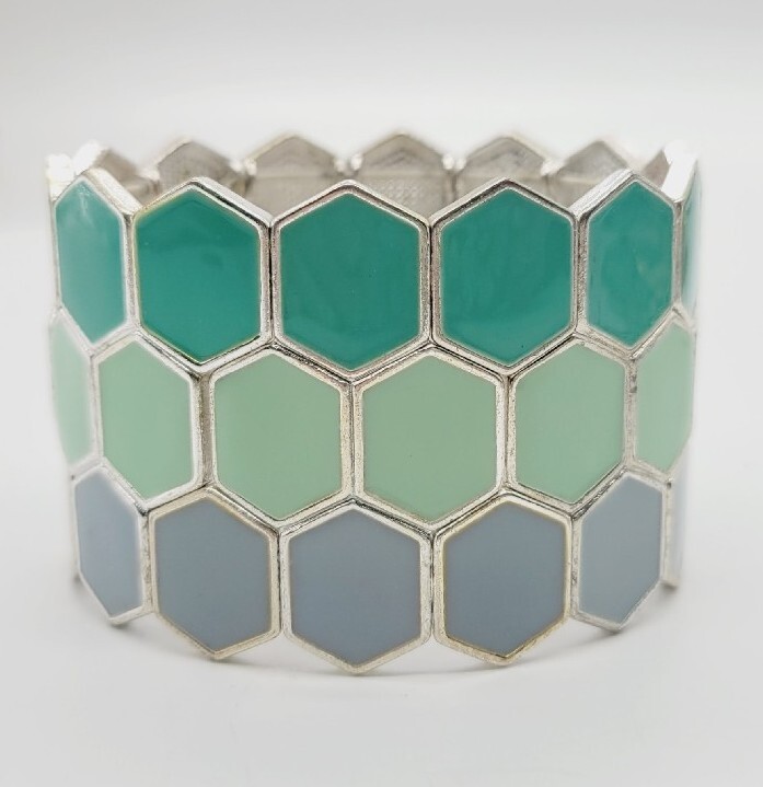 Green & Blue Bracelet PASTEL Stretch ART DECO Runway Statement WIDE