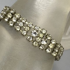 VTG Clear Rhinestone Bracelet Silver Tone Three Rows Fold Over Clasp WEAR 7″
