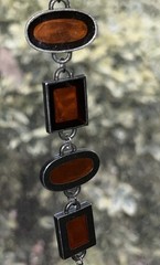 Vintage Bracelet Red Art Glass Retro Era Rectangle Silver Tone