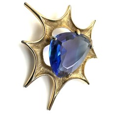 Atomic Blast Brooch Pin Signed BSK Gold Tone Blue Stone Starburst Vintage MCM