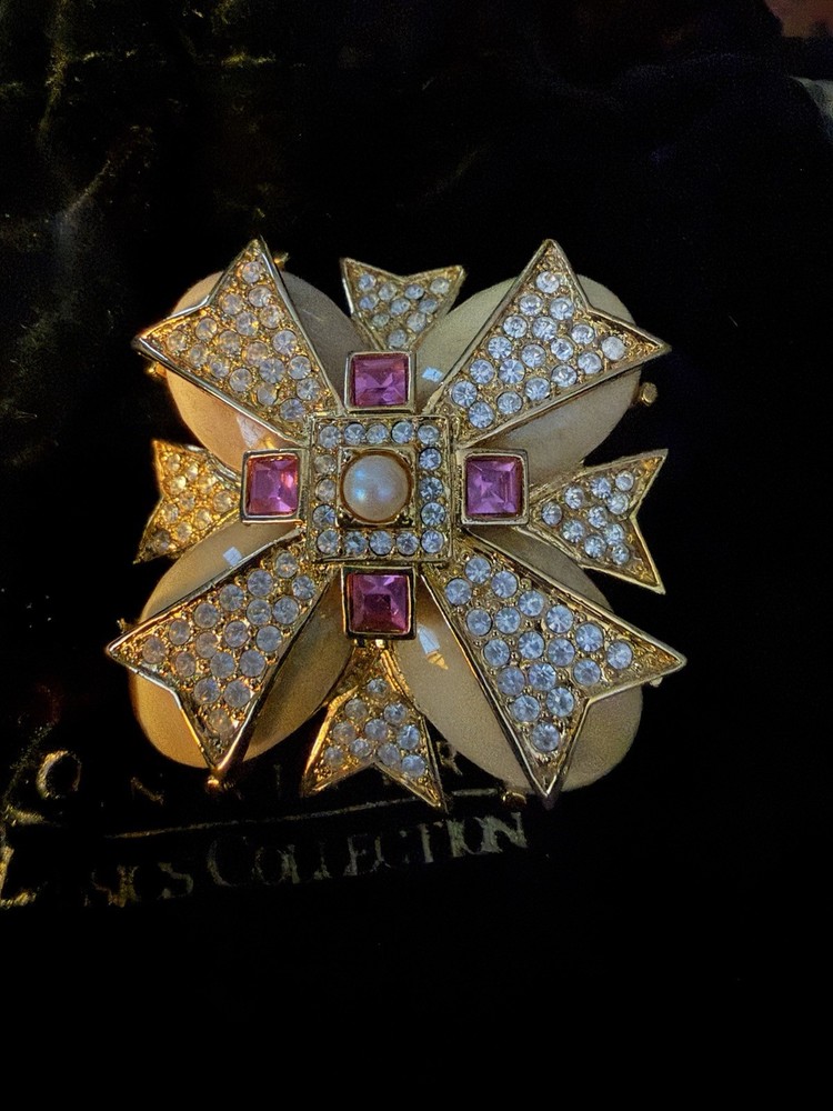 Joan Rivers Gold tone Plated Pink Crystal Pearl Enamel Maltese Cross Brooch