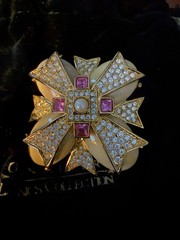 Joan Rivers Gold tone Plated Pink Crystal Pearl Enamel Maltese Cross Brooch