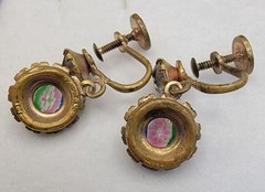 Estate Czech Antique Iris Glass Rhinestone Screw Back Dangle Earrings Signed