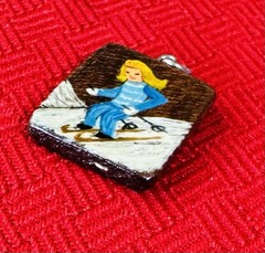 Hand Painted Wood Picture Ski Pendant Swiss Made R Weiss Skiing 1950s Collector