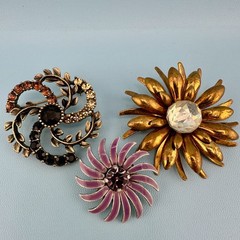 Vintage to Modern Brooch Pin Lot Flower Leaf Round Rhinestone Enamel 2 Signed