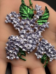 Vintage Brooch Earrings Set Pierced Purple Green Leaf Flowers Open Work.