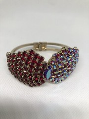 Red AB Rhinestone Crystal Demi Parure Clamp Bracelet Clip On Earring Set