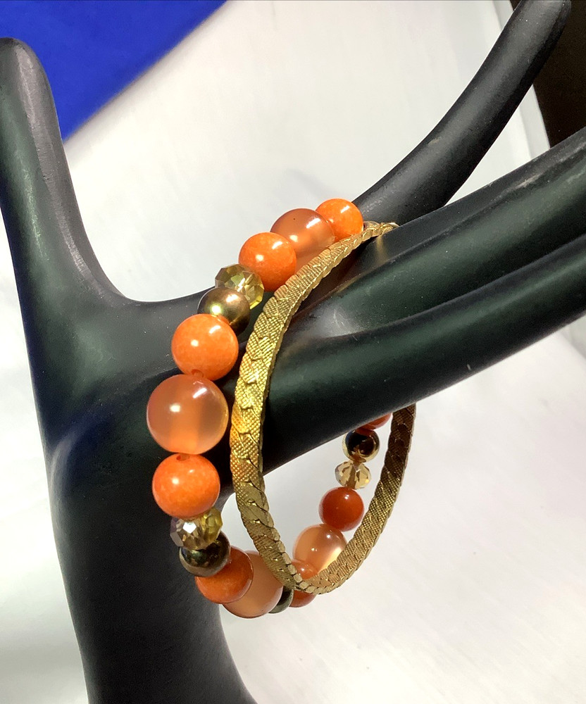 Lot 2 Expandable Coral Color Beads & Gold Tone Snakeskin Weave Bracelet L36