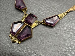 Vintage Art Deco Faux Amethyst Glass Gold Tone Ornate Chain Statement Necklace