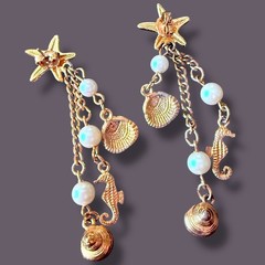 Starfish Earrings Seahorse Shell Dangle Vintage Gold Tone Faux Pearl Pierced