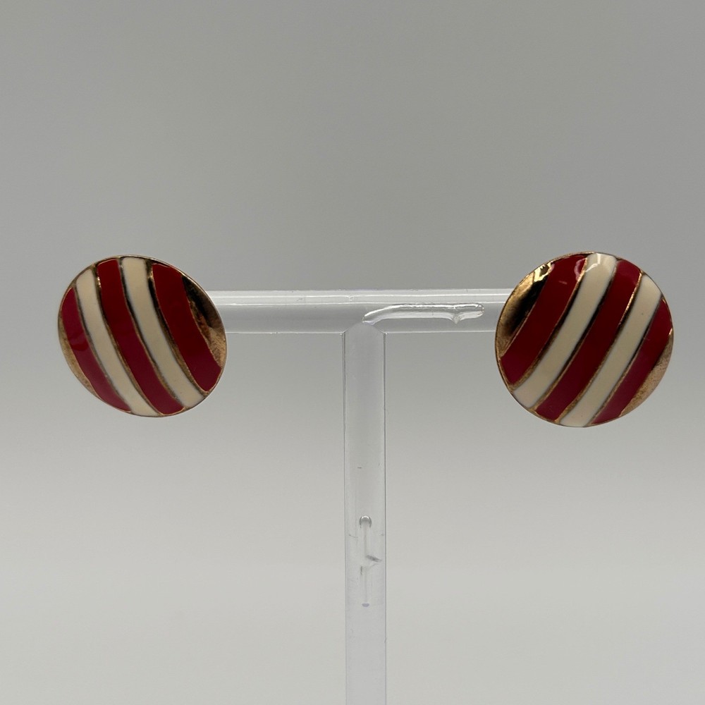 Vintage Red Cream Enamel Striped Gold Tone Round Stud Button Earrings Nautical