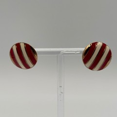 Vintage Red Cream Enamel Striped Gold Tone Round Stud Button Earrings Nautical