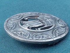 Antique 800 Silver Scottish Cloak Pin w. Viking Ship Theme: 1.5″ dia. & 15 grams