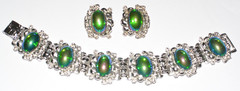 Vintage high end iridescent watermelon cabochon silver tone bracelet/earrings