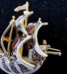Vintage Damascene Spanish Galleon Ship Brooch Red Enamel Details Signed 1.5″