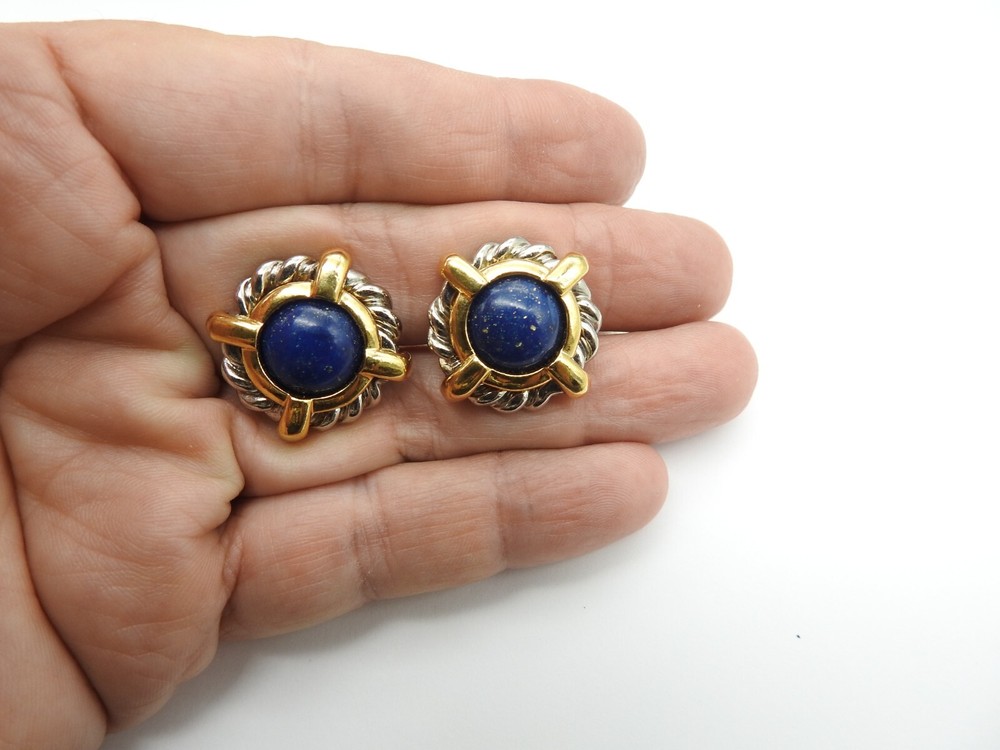 Mixed Metals Blue Speckled Faux Stone Clip On Earrings Vintage
