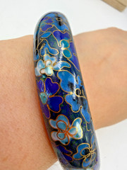 Vintage Bracelet Champleve Blue Floral 8.5 Inches Hollow Metal Bangle Asian