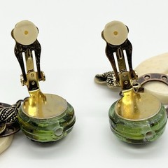 Vintage Clip On Earrings Dangles Green Glass Plastic Gold Tone Metal