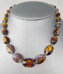 Antique Venetian Opalescent Gold Foil Oval Beaded Graduated Necklace