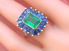 ESTATE ART DECO 2.30 ct EMERALD 4 ctw SAPPHIRE DIAMOND PLATINUM COCKTAIL RING