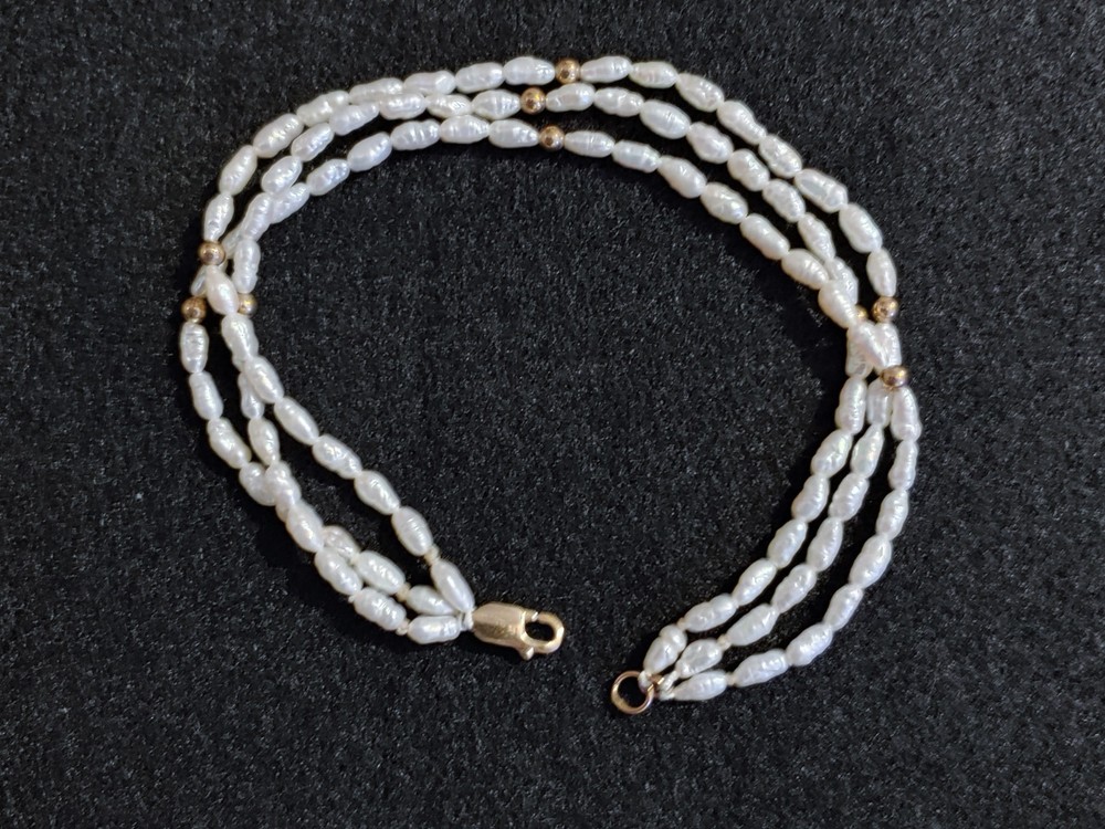 Vintage -Bracelet -3 Strand – Rice Pearls & 14k Gold Filled Clasp/Beads- 8.5 in