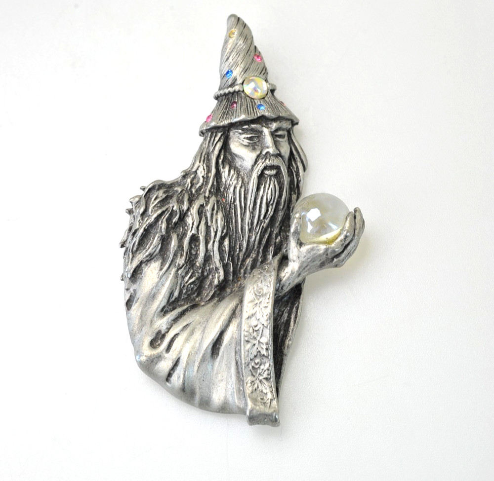 Signed JJ JONETTE Vtg Crystal Wizard Brooch crystal ball LARGE *missing 1 stone