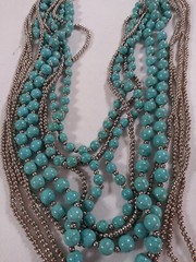 Beaded Layered Statement Necklace 16″ Blue Gray Beads Silver Tone Chain Jewelry