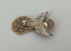 Vintage Gold & Silver Tone Metal Angel Brooch Faux Pearl Open Cut Details 1.75”