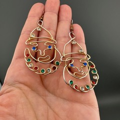 Vintage Clown Earrings Gold Tone Multicolor Rhinestone Artisan Open Wire Work