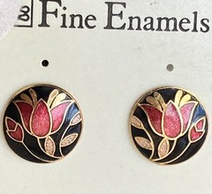 Vintage Fine Enamel Round Stud Earrings Floral Red Black Gold .50in Ladies 5.3g