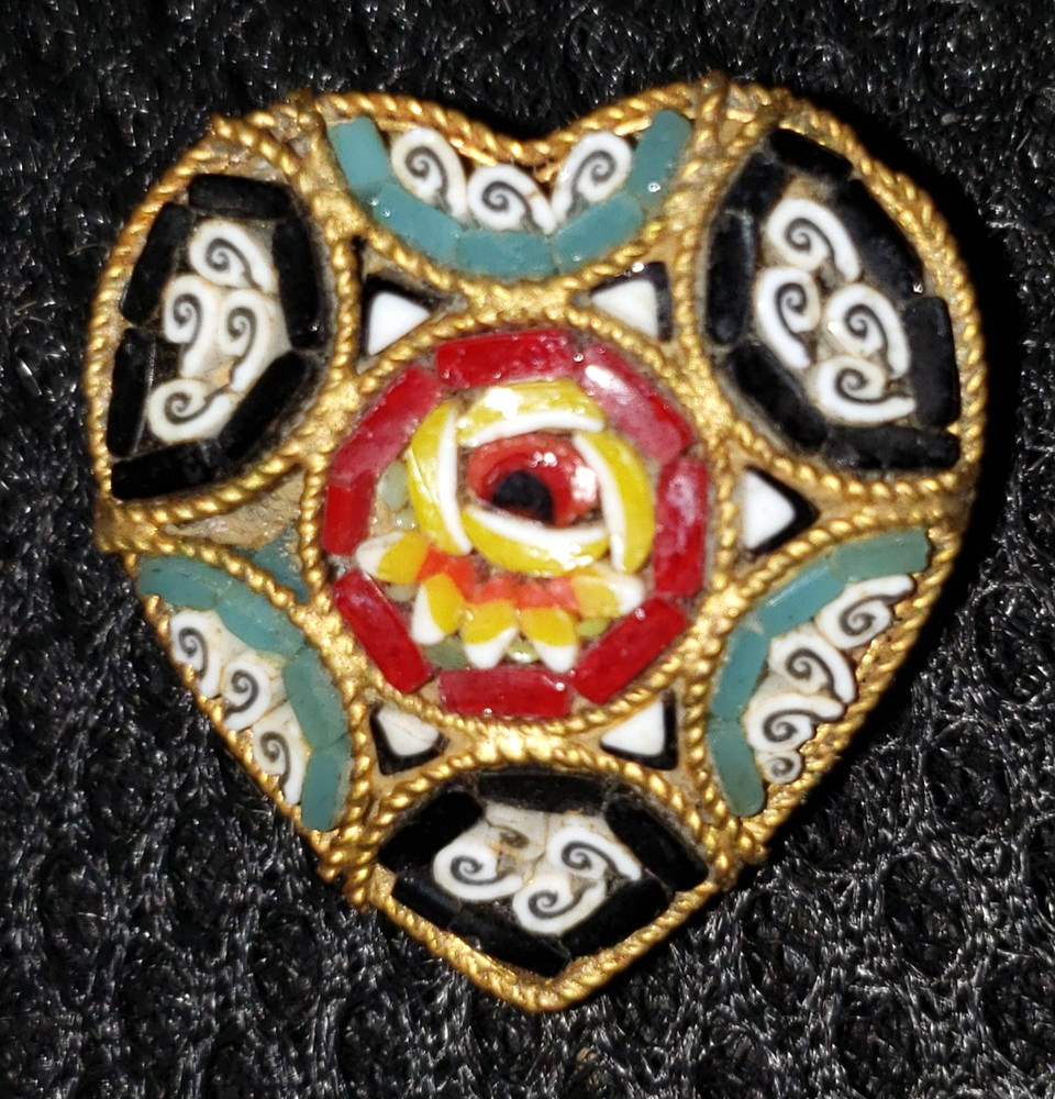 Vintage Italian Micro MOSIAC Floral Heart Shaped Brooch Pin
