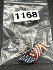 Vintage Pot Metal American Eagle USA Flag Patriotic Enamel Marcasite Pin Brooch