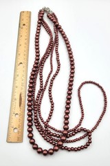 Vintage 3 Strand Bronze Burgundy Beaded Necklace Layered 26″ Box Clasp Heavy