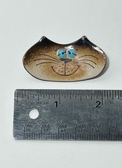 Vintage Nanci Copper Enameled Cat Face Brooch Pin Blue Eyes Artisan Made Signed